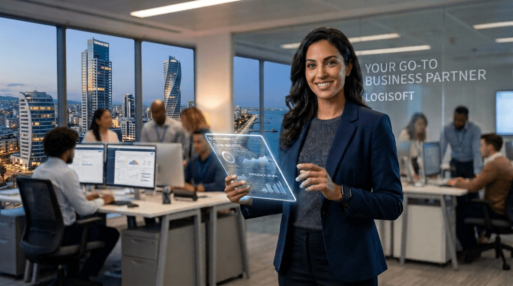 Businesswoman holding transparent digital tablet displaying graphs and charts in office